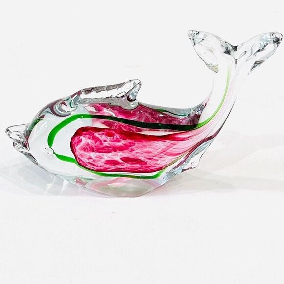 Unmarked Other - Vintage MCM Murano Fish Art Glass Sculpture Home Decor Green Pink 9 X 7